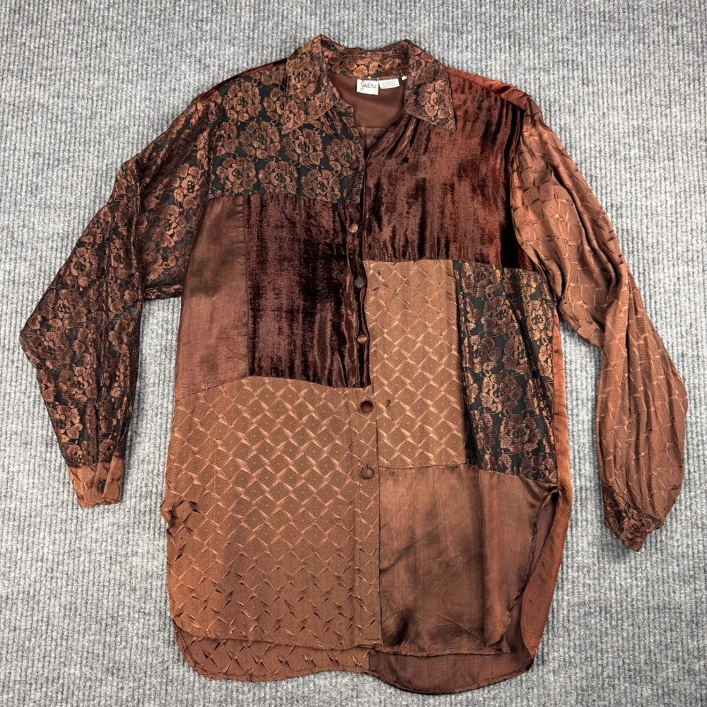 Vtg 90s Tunic Blouse Womens L Patchwork Velvet Burnout Art To Wear Whimsigoth